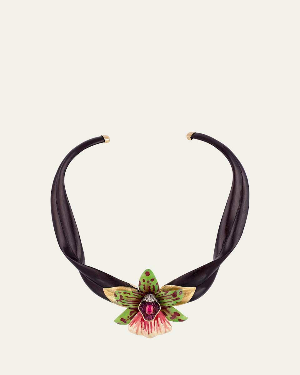 18K Yellow Gold Orchid and Leaf Marquetry Choker with Pink Tourmaline, Rubies and Diamonds